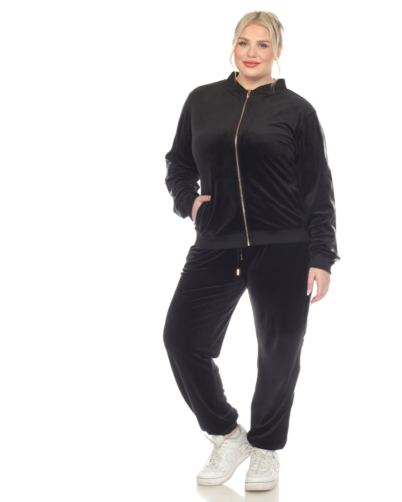 Front of a model wearing a size 3X Plus Size 2-Piece Velour with Faux Leather Stripe in Black by White Mark. | dia_product_style_image_id:320050